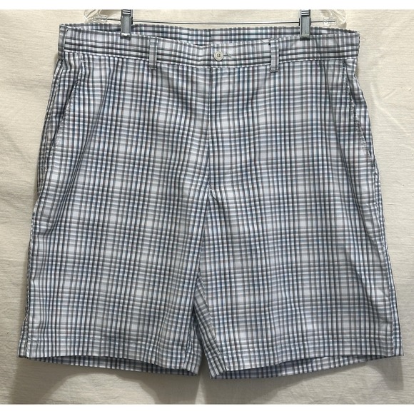 PGA Tour Golf Shorts Mens 38 BLUE BLACK CHECK Flat Front Button closure - Picture 2 of 8